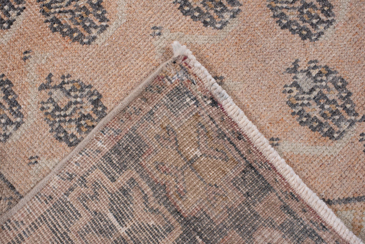 3' x 12' one-of-a-kind handmade antique Anatolian runner rug. Color palette: camel, charcoal, ivory, taupe, tan, slate