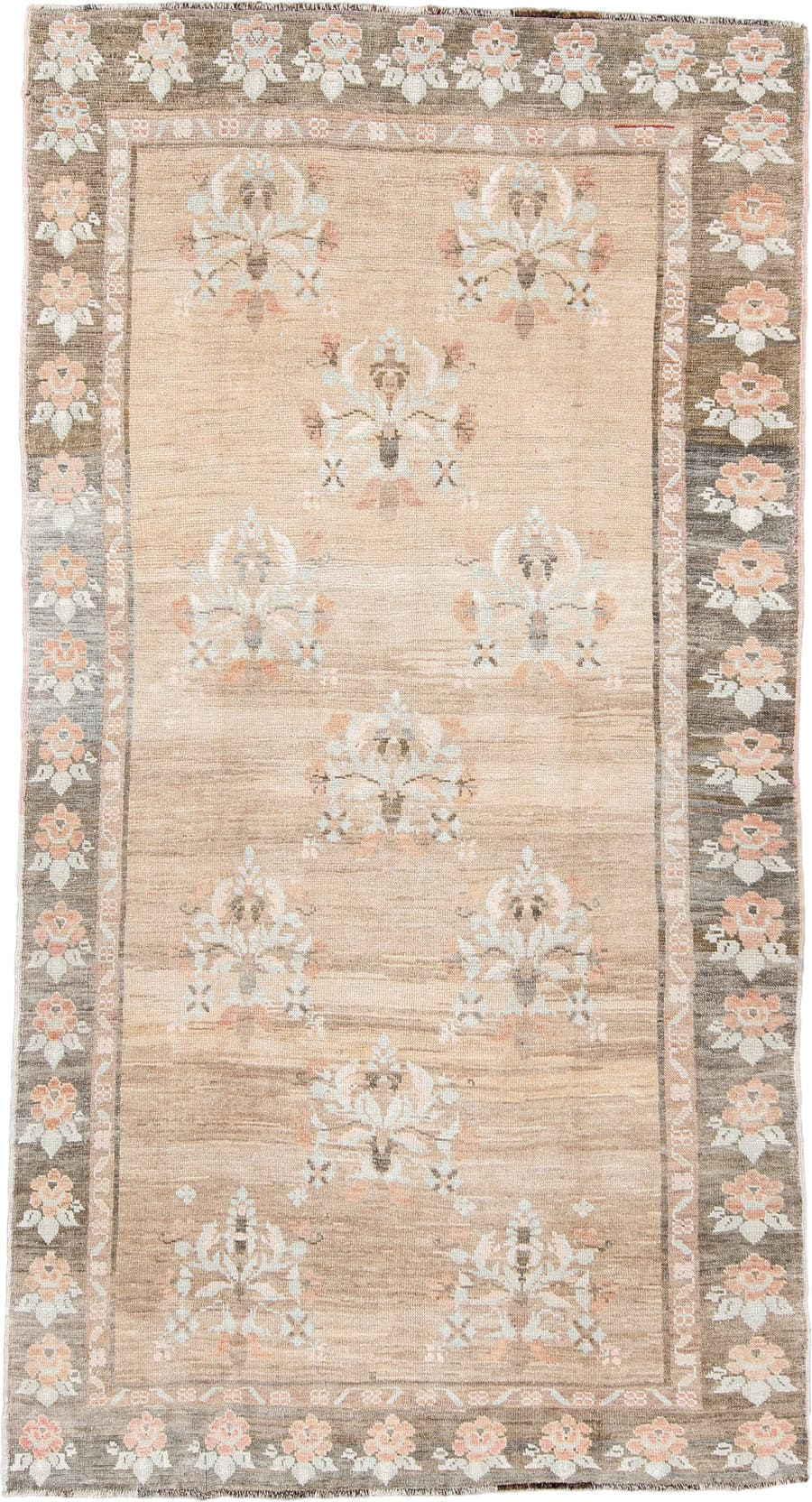 5' x 11' one-of-a-kind handmade antique Anatolian large size rug. Color palette: taupe, charcoal, blush, ivory, peach, sage