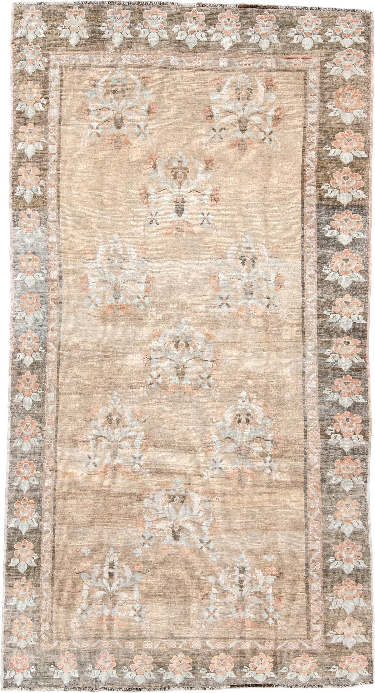 5' x 11' one-of-a-kind handmade antique Anatolian large size rug. Color palette: taupe, charcoal, blush, ivory, peach, sage