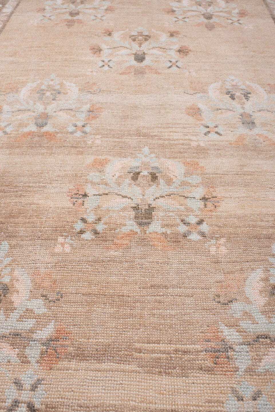 5' x 11' one-of-a-kind handmade antique Anatolian large size rug. Color palette: taupe, charcoal, blush, ivory, peach, sage