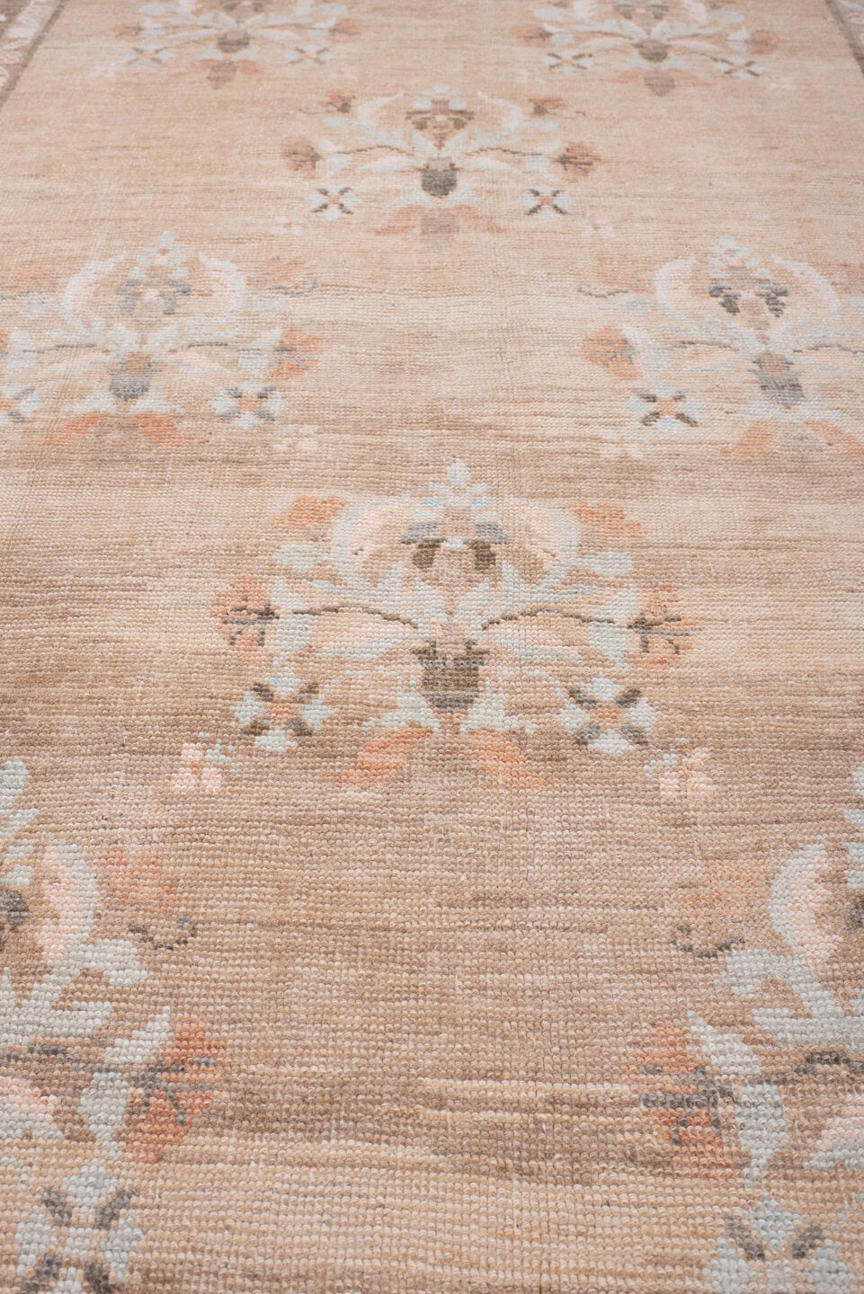 5' x 11' one-of-a-kind handmade antique Anatolian large size rug. Color palette: taupe, charcoal, blush, ivory, peach, sage
