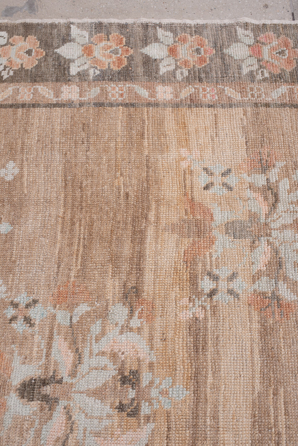 5' x 11' one-of-a-kind handmade antique Anatolian large size rug. Color palette: taupe, charcoal, blush, ivory, peach, sage