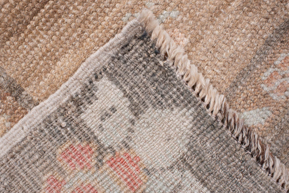 5' x 11' one-of-a-kind handmade antique Anatolian large size rug. Color palette: taupe, charcoal, blush, ivory, peach, sage