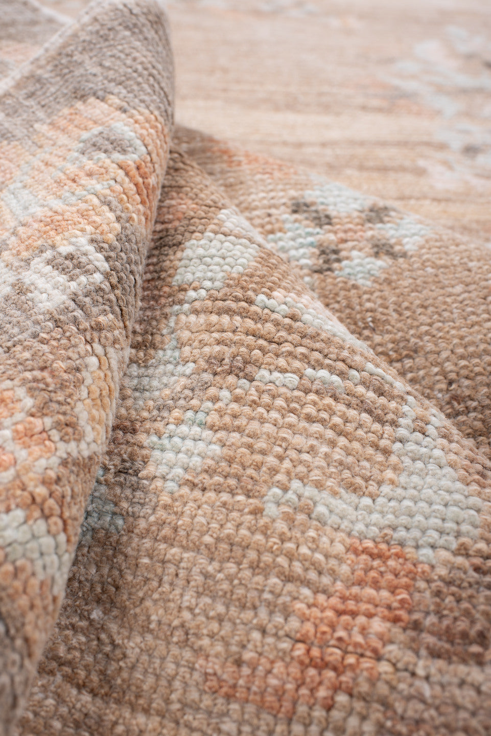 5' x 11' one-of-a-kind handmade antique Anatolian large size rug. Color palette: taupe, charcoal, blush, ivory, peach, sage