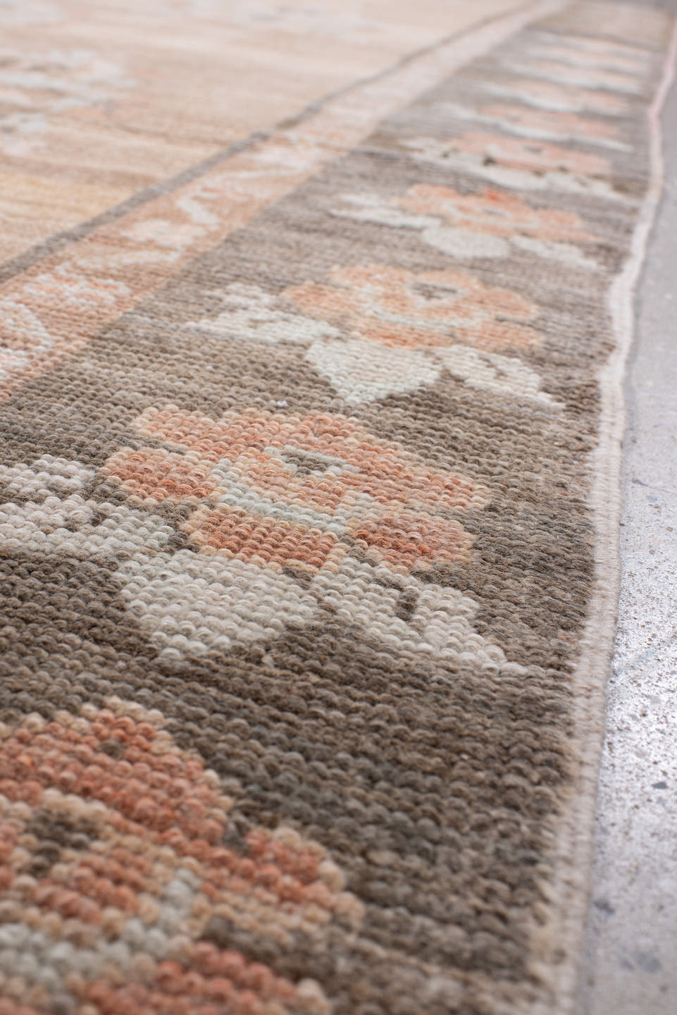 5' x 11' one-of-a-kind handmade antique Anatolian large size rug. Color palette: taupe, charcoal, blush, ivory, peach, sage
