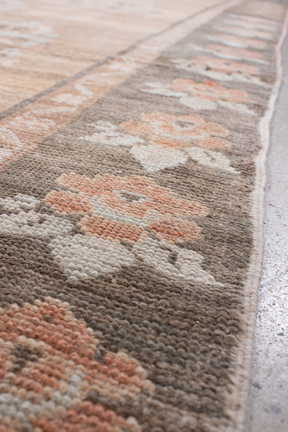 5' x 11' one-of-a-kind handmade antique Anatolian large size rug. Color palette: taupe, charcoal, blush, ivory, peach, sage