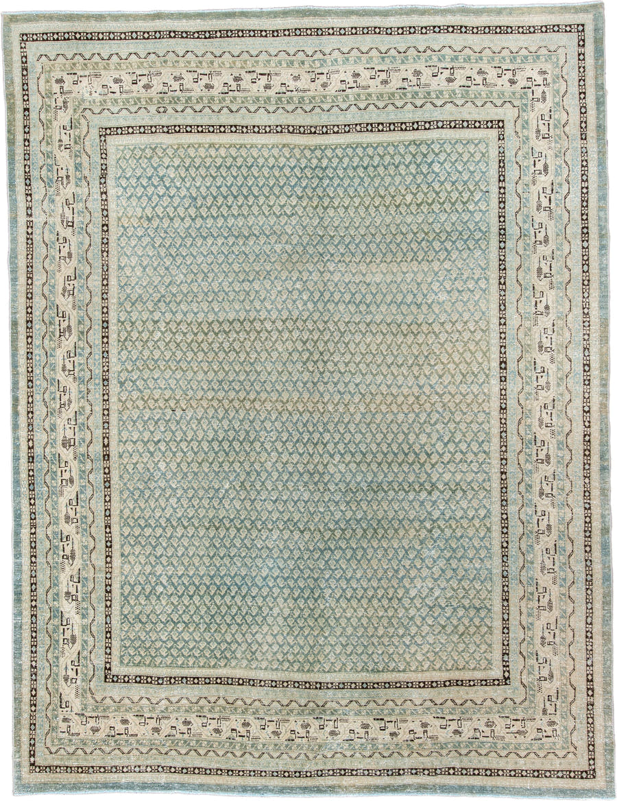 8' x 11' one-of-a-kind handmade antique Mir large size rug. Color palette: aqua, ivory, charcoal, sage, taupe, cream, slate