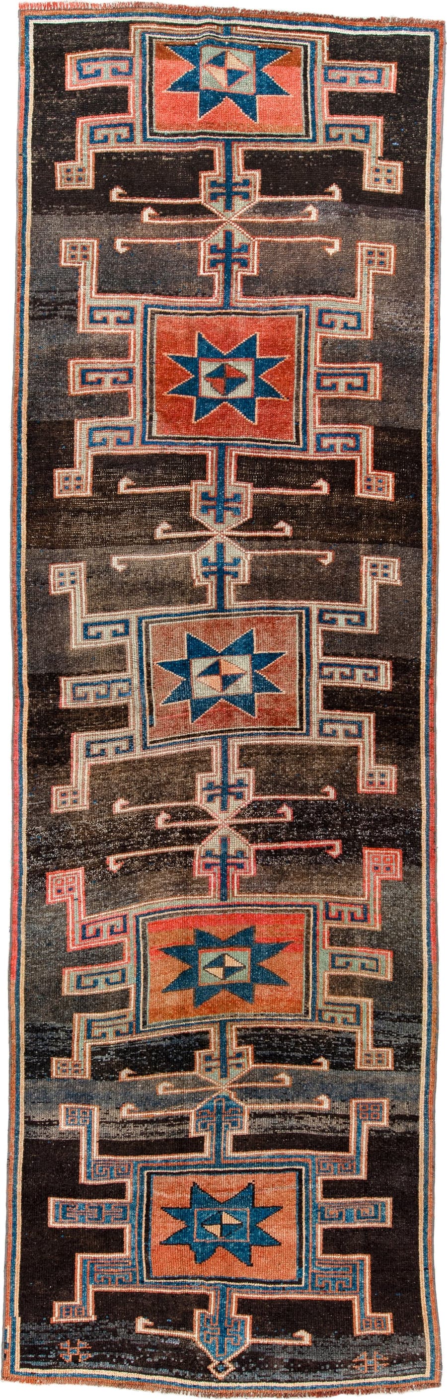 4' x 15' one-of-a-kind handmade antique Kars runner rug. Color palette: charcoal, rust, teal, ivory, terracotta, coral