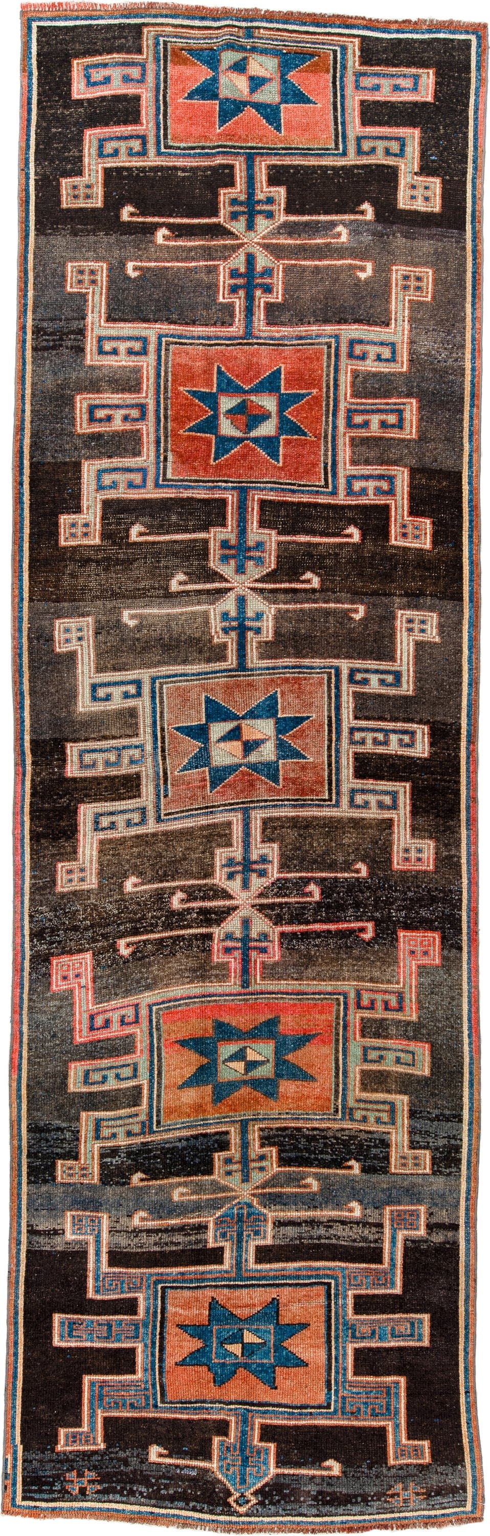 4' x 15' one-of-a-kind handmade antique Kars runner rug. Color palette: charcoal, rust, teal, ivory, terracotta, coral