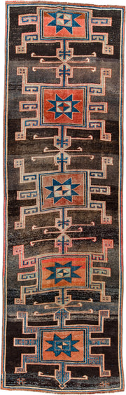 4' x 15' one-of-a-kind handmade antique Kars runner rug. Color palette: charcoal, rust, teal, ivory, terracotta, coral