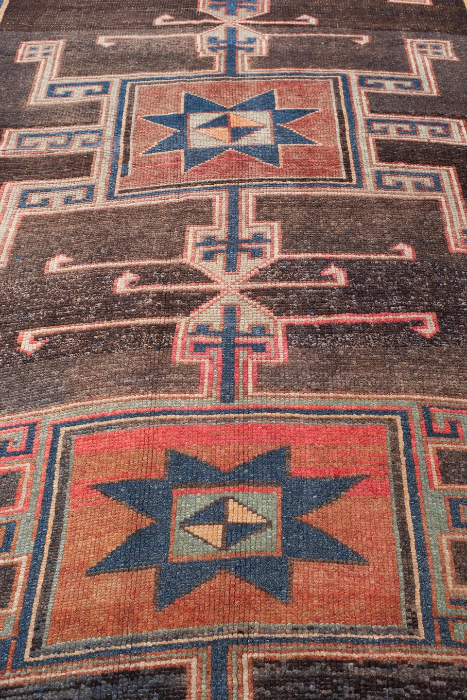 4' x 15' one-of-a-kind handmade antique Kars runner rug. Color palette: charcoal, rust, teal, ivory, terracotta, coral