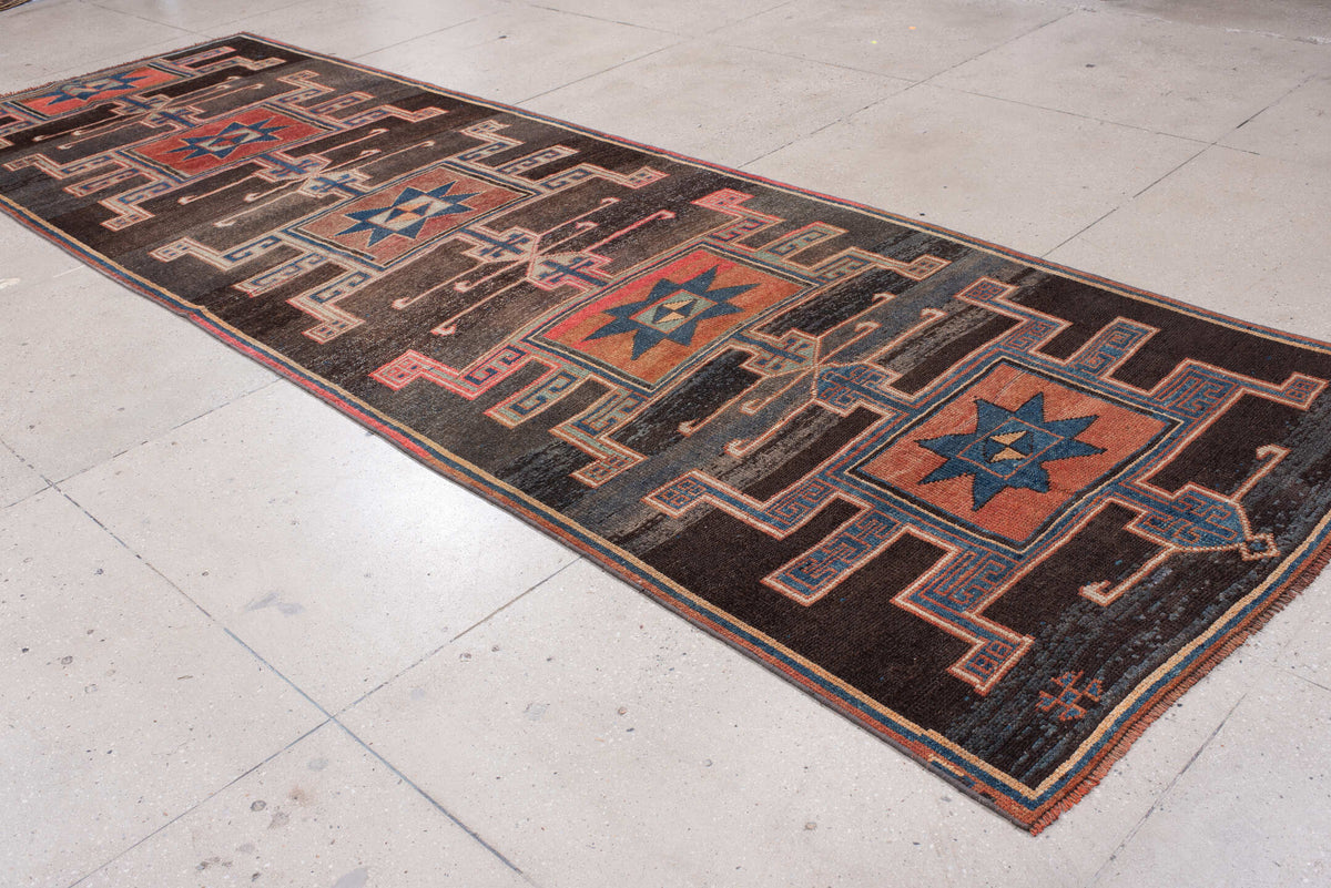 4' x 15' one-of-a-kind handmade antique Kars runner rug. Color palette: charcoal, rust, teal, ivory, terracotta, coral