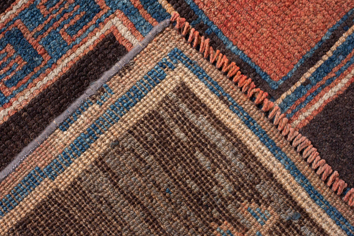 4' x 15' one-of-a-kind handmade antique Kars runner rug. Color palette: charcoal, rust, teal, ivory, terracotta, coral
