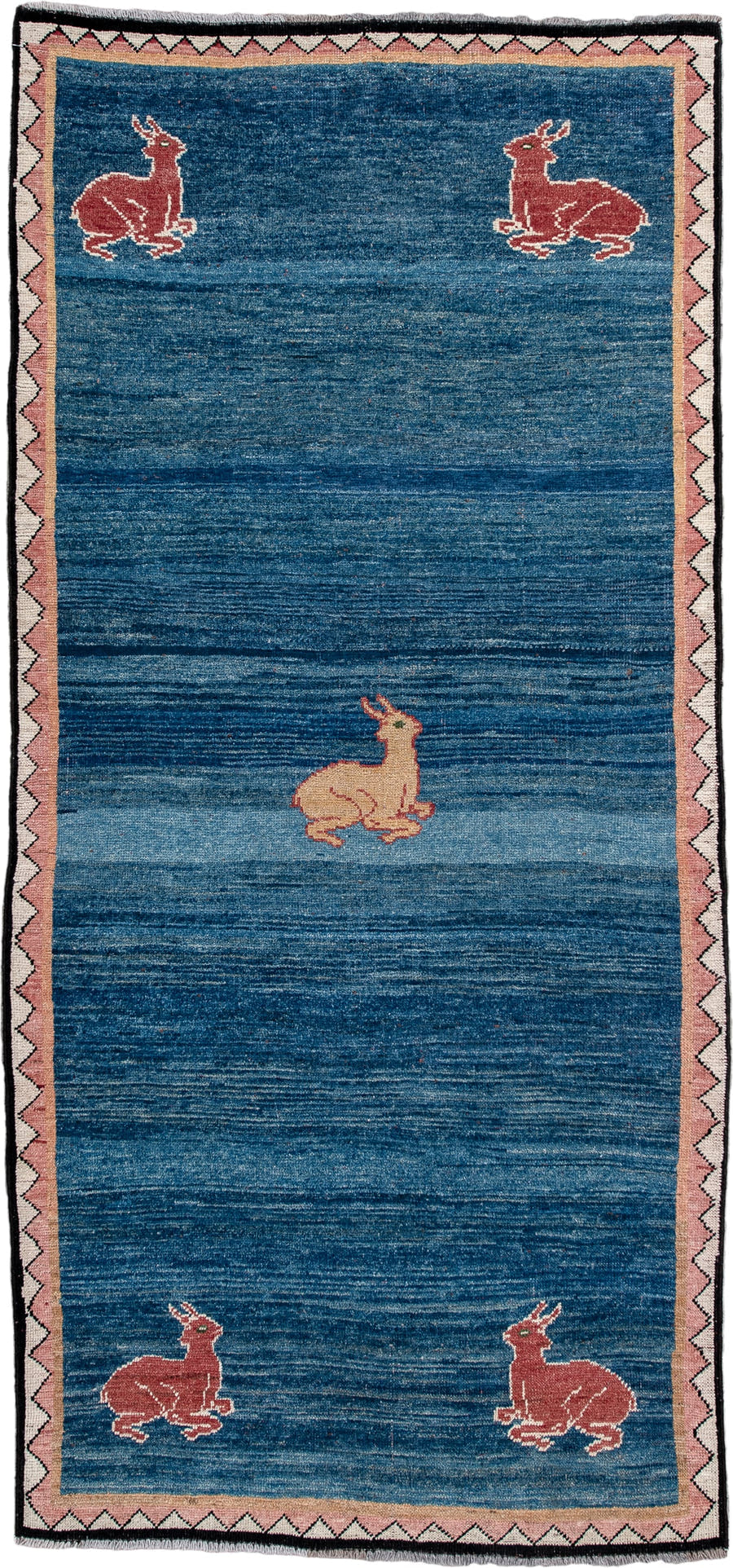3' x 8' one-of-a-kind handmade antique Gabbe runner rug. Color palette: indigo, rust, ivory, blush, camel, charcoal, purple
