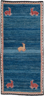 3' x 8' one-of-a-kind handmade antique Gabbe runner rug. Color palette: indigo, rust, ivory, blush, camel, charcoal, purple