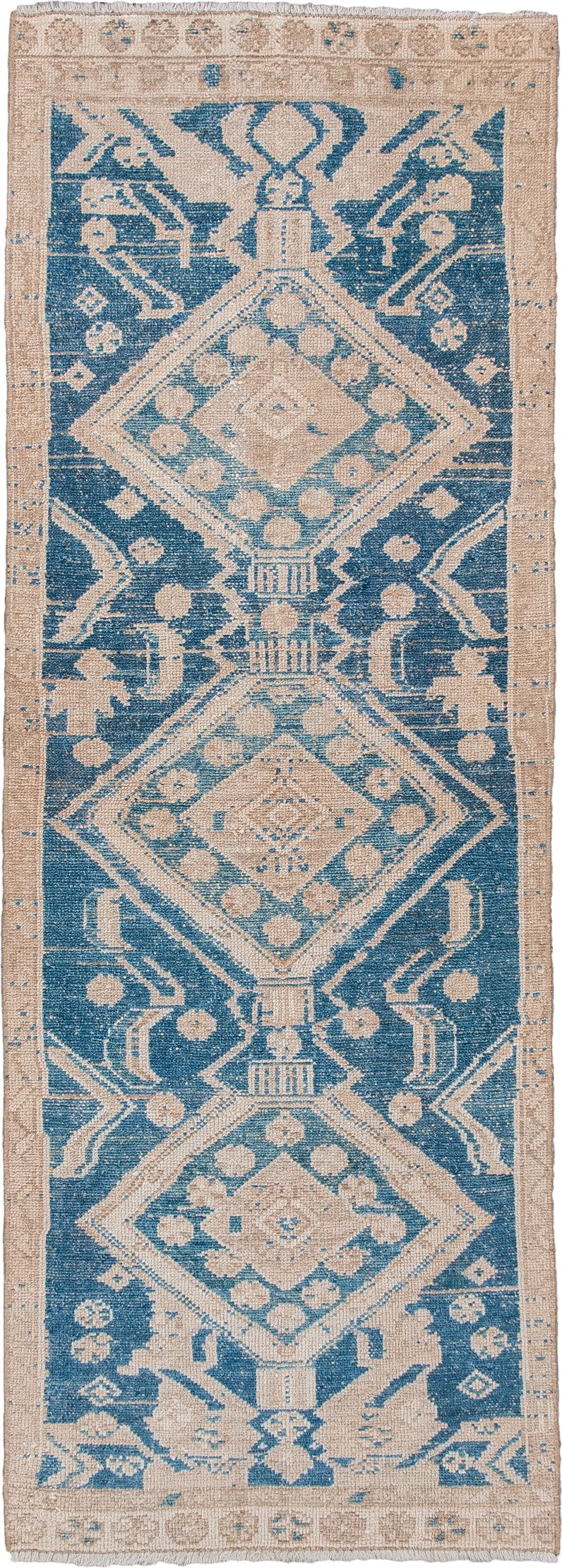 2' x 6' one-of-a-kind handmade antique Hamadan runner rug. Color palette: indigo, ivory, beige, camel, taupe, purple, gray