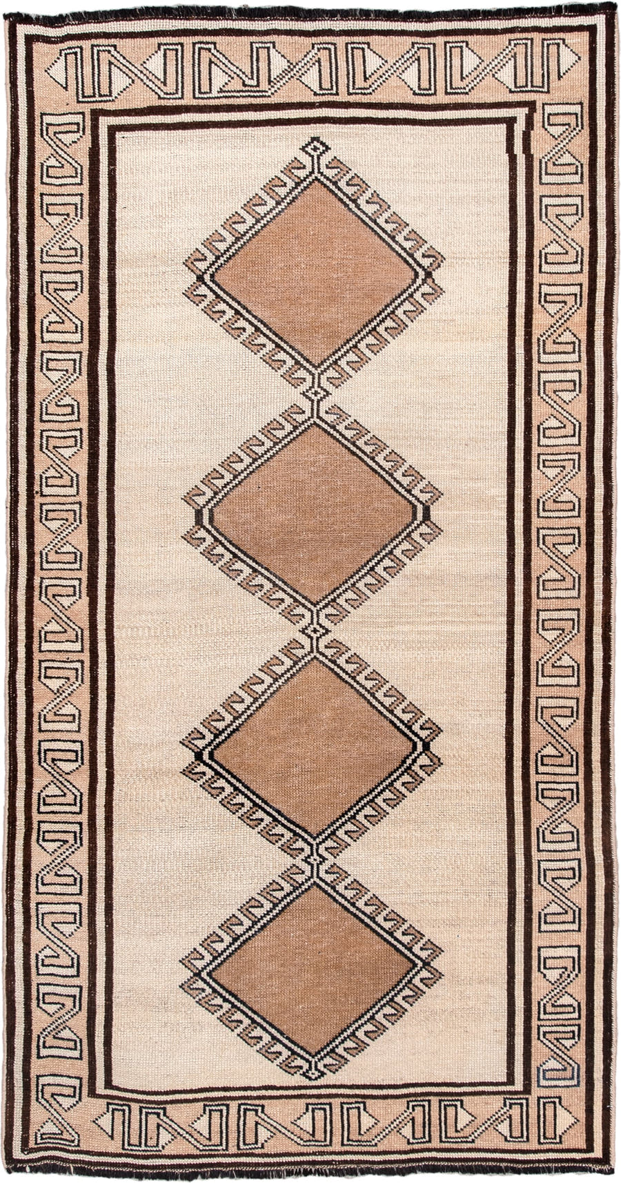 3' x 6' one-of-a-kind handmade antique Anatolian rug. Color palette: ivory, camel, dark brown, taupe, charcoal, beige, brown