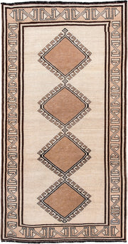 3' x 6' one-of-a-kind handmade antique Anatolian rug. Color palette: ivory, camel, dark brown, taupe, charcoal, beige, brown