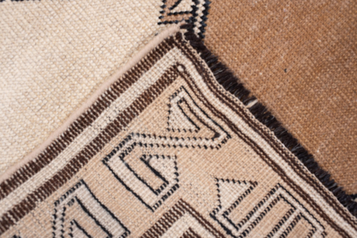 3' x 6' one-of-a-kind handmade antique Anatolian rug. Color palette: ivory, camel, dark brown, taupe, charcoal, beige, brown