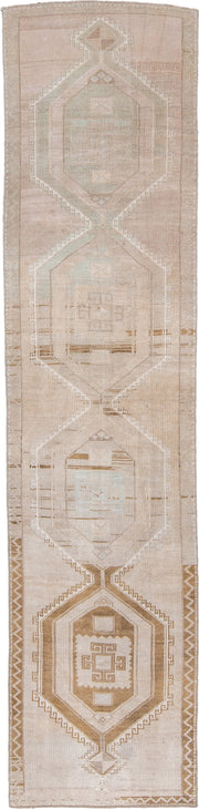 3' x 13' one-of-a-kind handmade antique Anatolian runner rug. Color palette: blush, ivory, taupe, camel, sage, sand, ochre