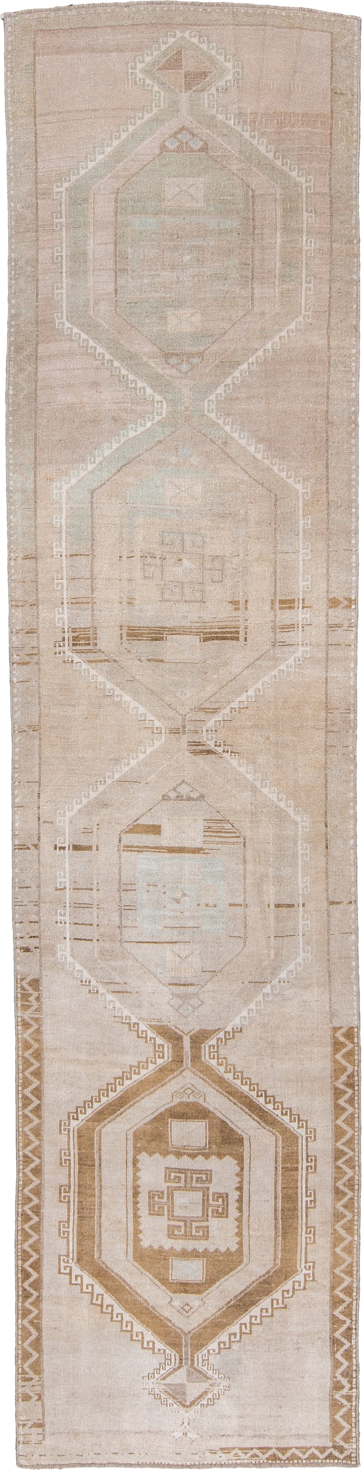 3' x 13' one-of-a-kind handmade antique Anatolian runner rug. Color palette: blush, ivory, taupe, camel, sage, sand, ochre