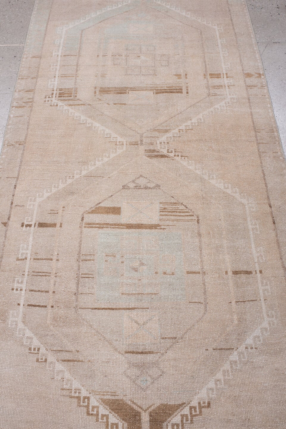 3' x 13' one-of-a-kind handmade antique Anatolian runner rug. Color palette: blush, ivory, taupe, camel, sage, sand, ochre