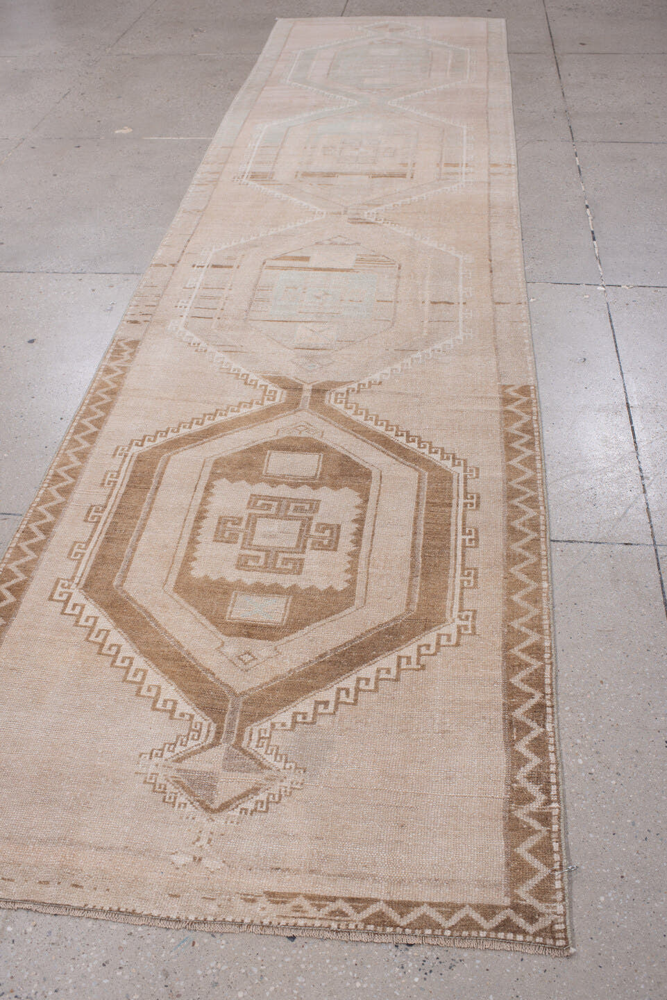 3' x 13' one-of-a-kind handmade antique Anatolian runner rug. Color palette: blush, ivory, taupe, camel, sage, sand, ochre