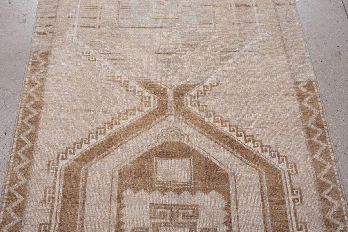 3' x 13' one-of-a-kind handmade antique Anatolian runner rug. Color palette: blush, ivory, taupe, camel, sage, sand, ochre