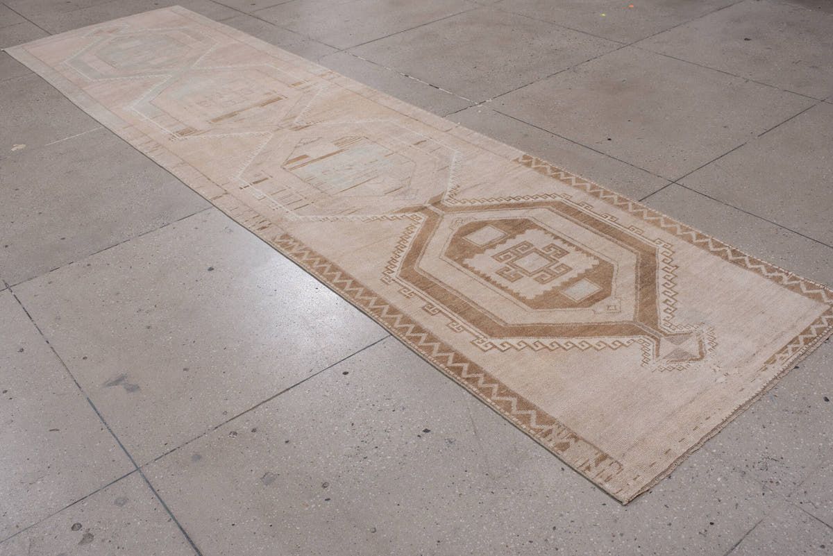 3' x 13' one-of-a-kind handmade antique Anatolian runner rug. Color palette: blush, ivory, taupe, camel, sage, sand, ochre