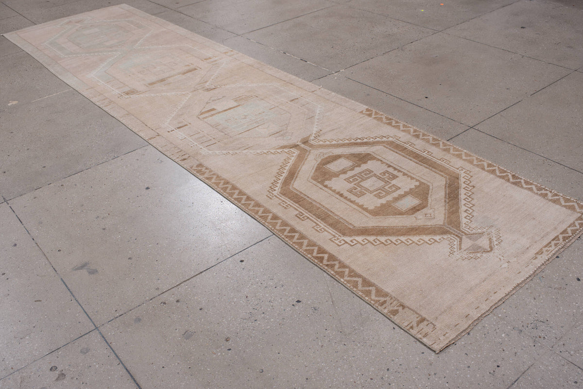 3' x 13' one-of-a-kind handmade antique Anatolian runner rug. Color palette: blush, ivory, taupe, camel, sage, sand, ochre