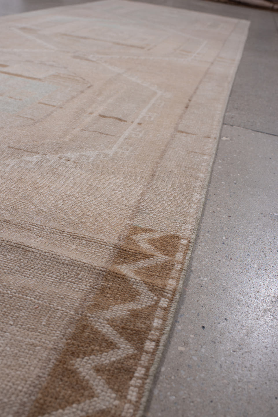 3' x 13' one-of-a-kind handmade antique Anatolian runner rug. Color palette: blush, ivory, taupe, camel, sage, sand, ochre