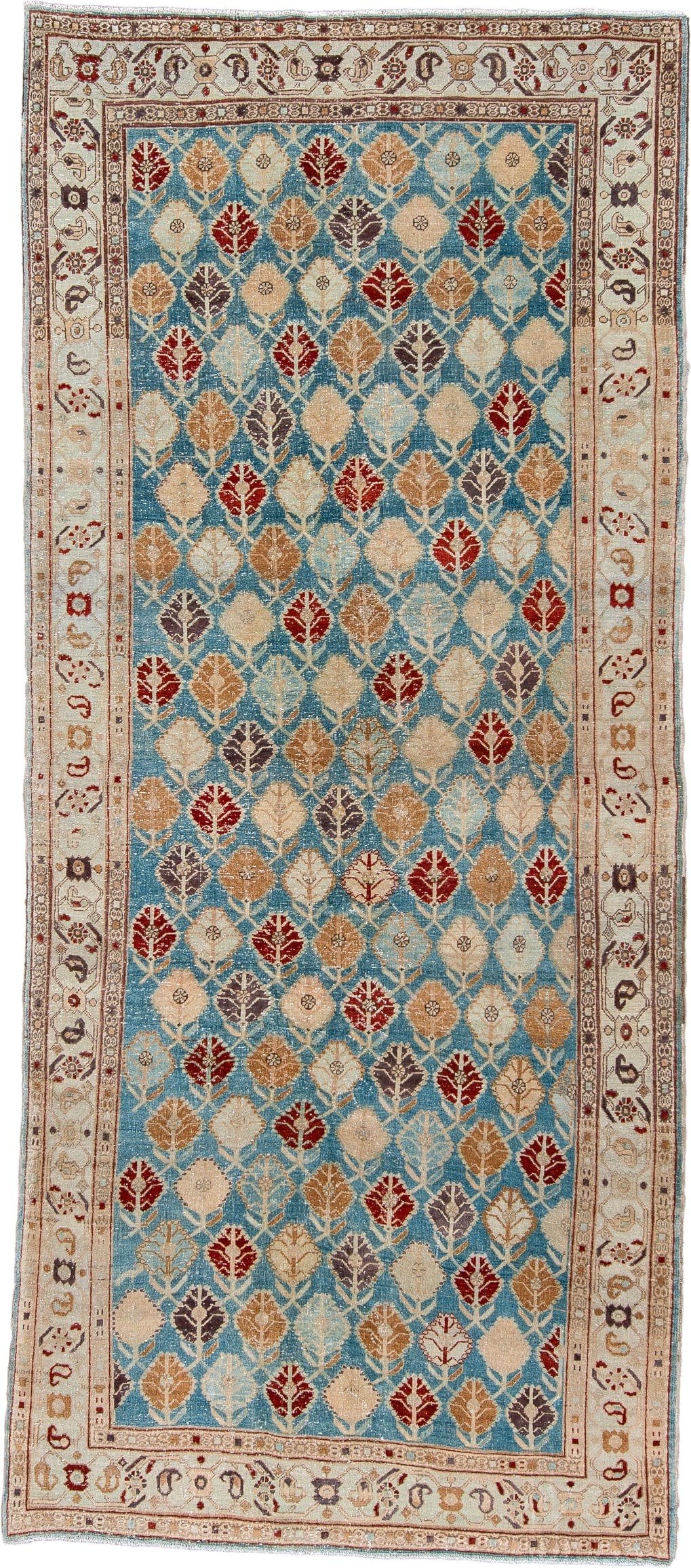 4' x 10' one-of-a-kind handmade antique Tabriz runner rug. Color palette: turquoise, ivory, camel, burgundy, charcoal, taupe