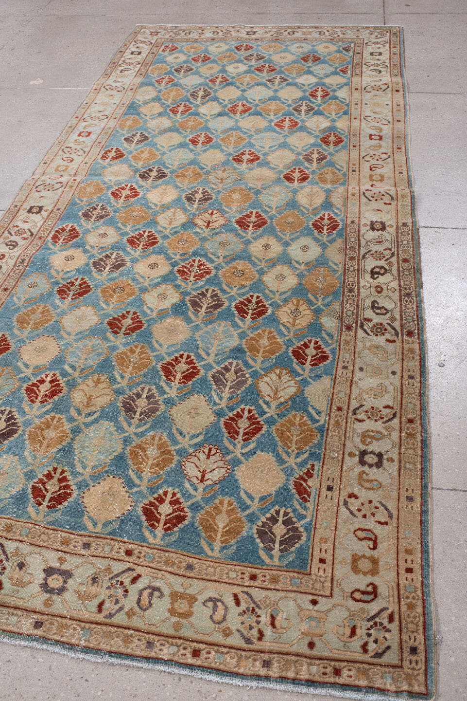 4' x 10' one-of-a-kind handmade antique Tabriz runner rug. Color palette: turquoise, ivory, camel, burgundy, charcoal, taupe