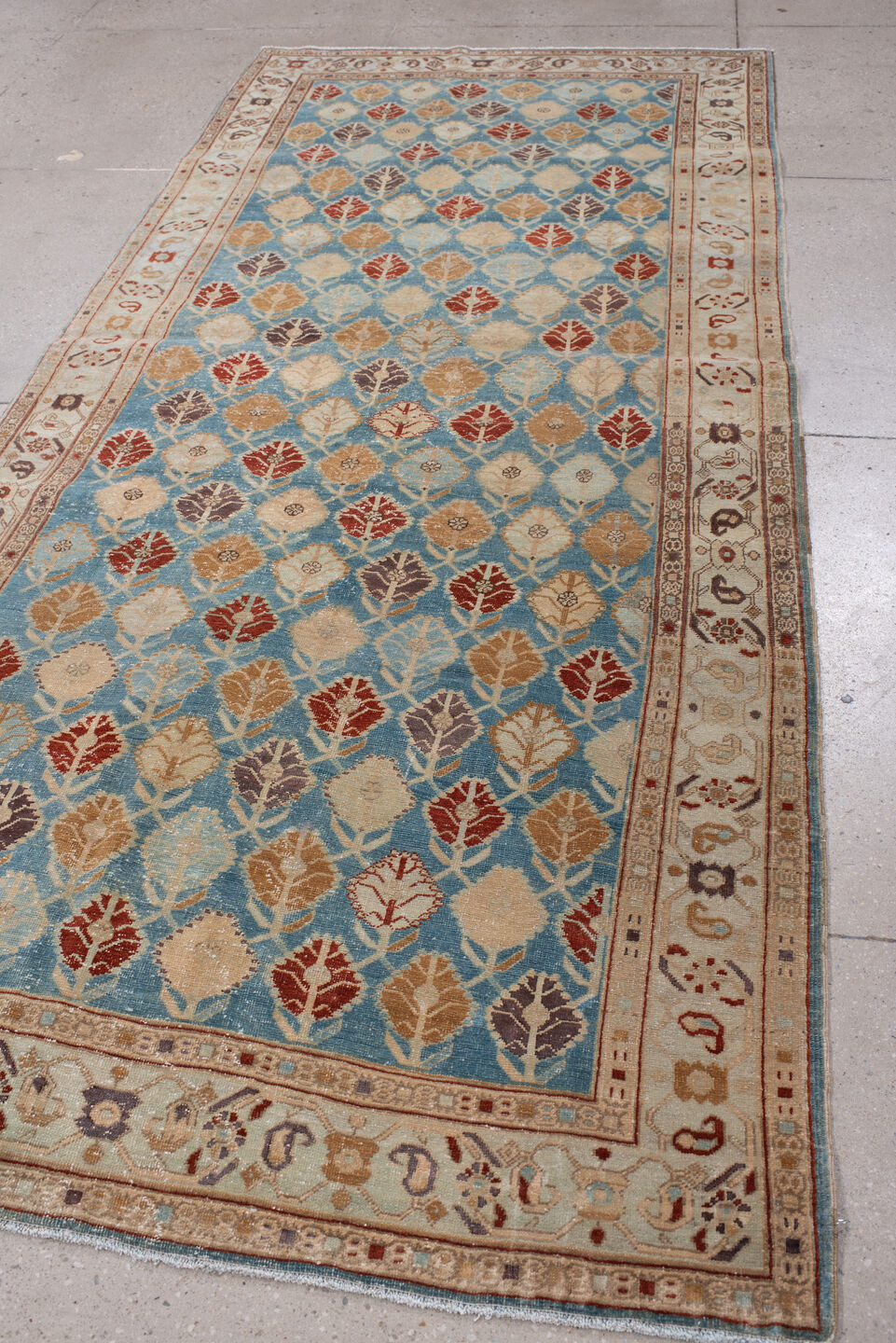 4' x 10' one-of-a-kind handmade antique Tabriz runner rug. Color palette: turquoise, ivory, camel, burgundy, charcoal, taupe