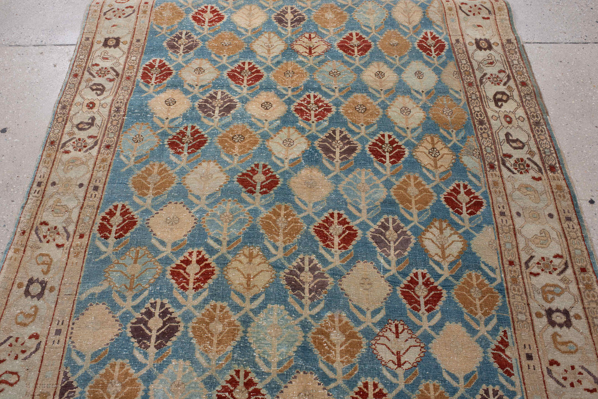 4' x 10' one-of-a-kind handmade antique Tabriz runner rug. Color palette: turquoise, ivory, camel, burgundy, charcoal, taupe