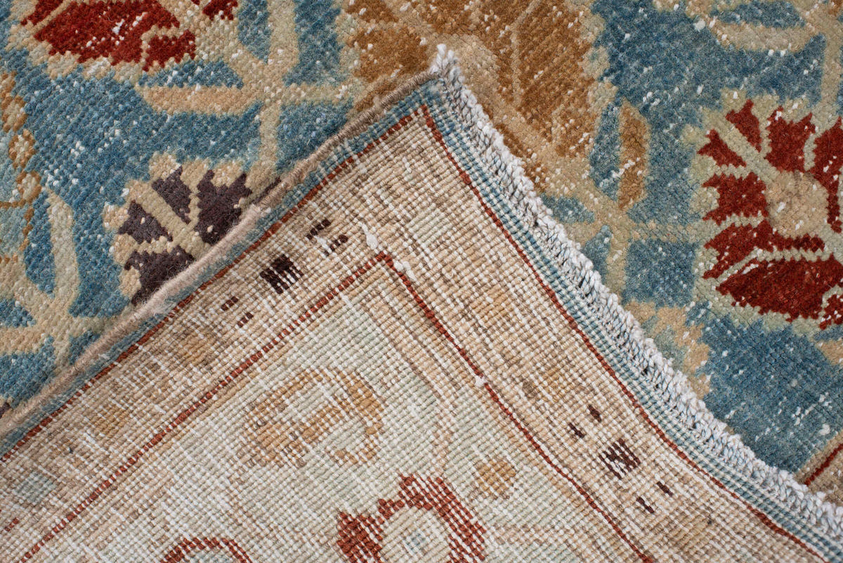 4' x 10' one-of-a-kind handmade antique Tabriz runner rug. Color palette: turquoise, ivory, camel, burgundy, charcoal, taupe