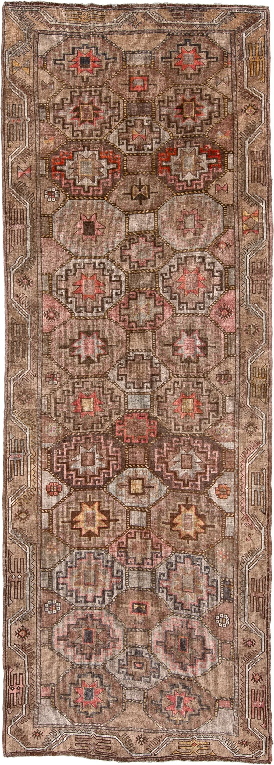 4' x 11' one-of-a-kind handmade antique Anatolian runner rug. Color palette: camel, taupe, rose, rust, charcoal, ivory