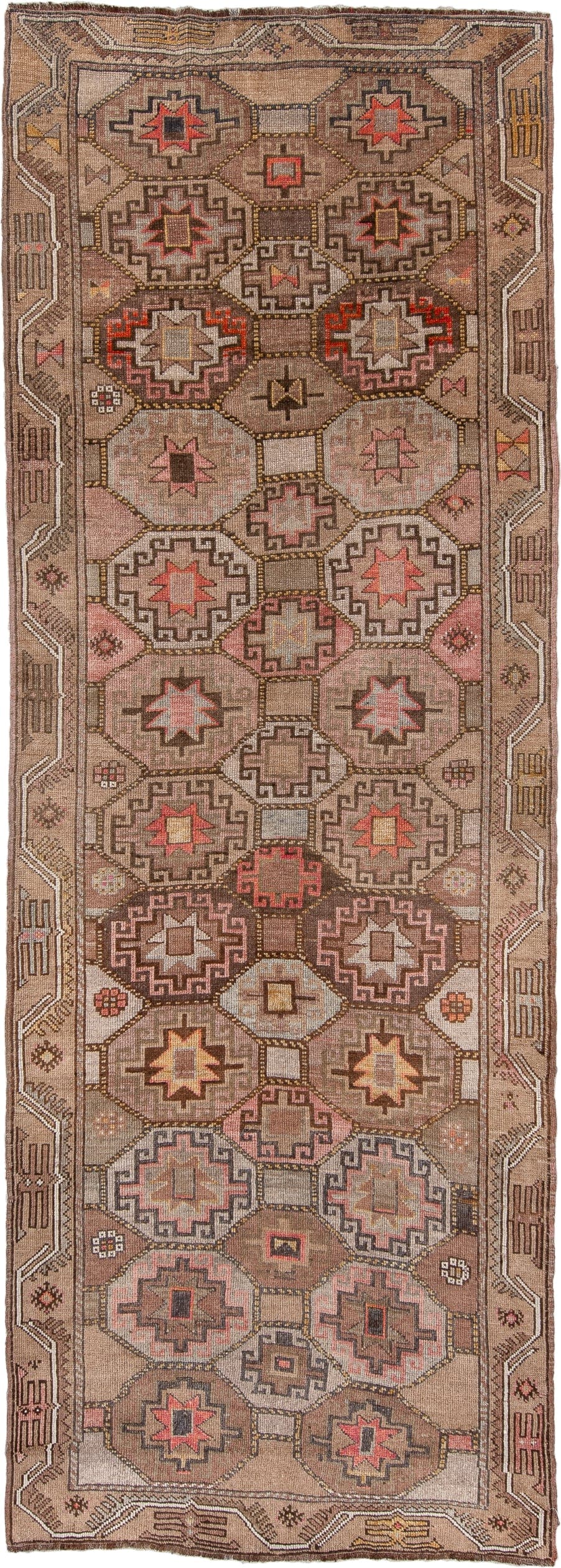 4' x 11' one-of-a-kind handmade antique Anatolian runner rug. Color palette: camel, taupe, rose, rust, charcoal, ivory
