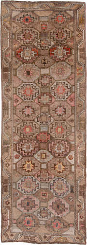4' x 11' one-of-a-kind handmade antique Anatolian runner rug. Color palette: camel, taupe, rose, rust, charcoal, ivory
