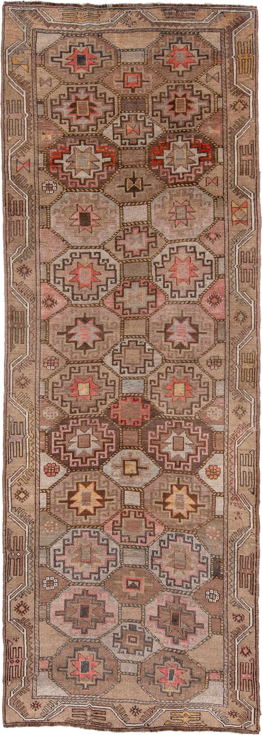 4' x 11' one-of-a-kind handmade antique Anatolian runner rug. Color palette: camel, taupe, rose, rust, charcoal, ivory