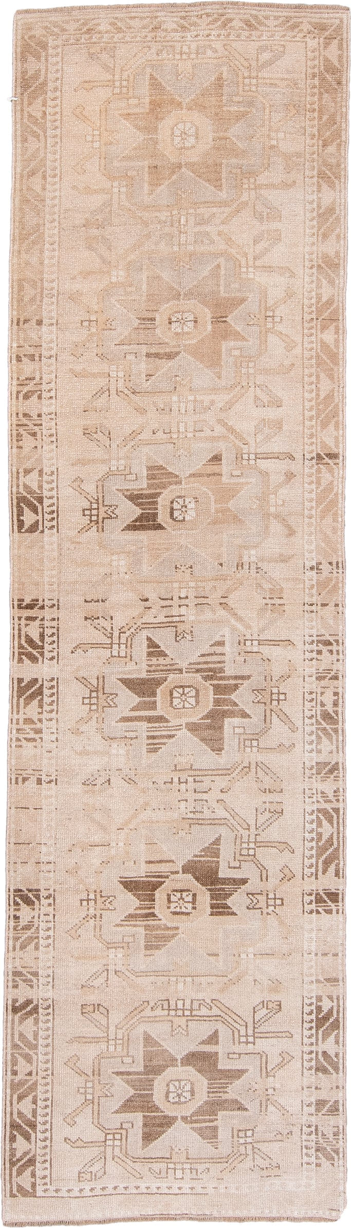 2' x 10' one-of-a-kind handmade antique Anatolian runner rug. Color palette: camel, ivory, taupe, sand, beige, brown, gray