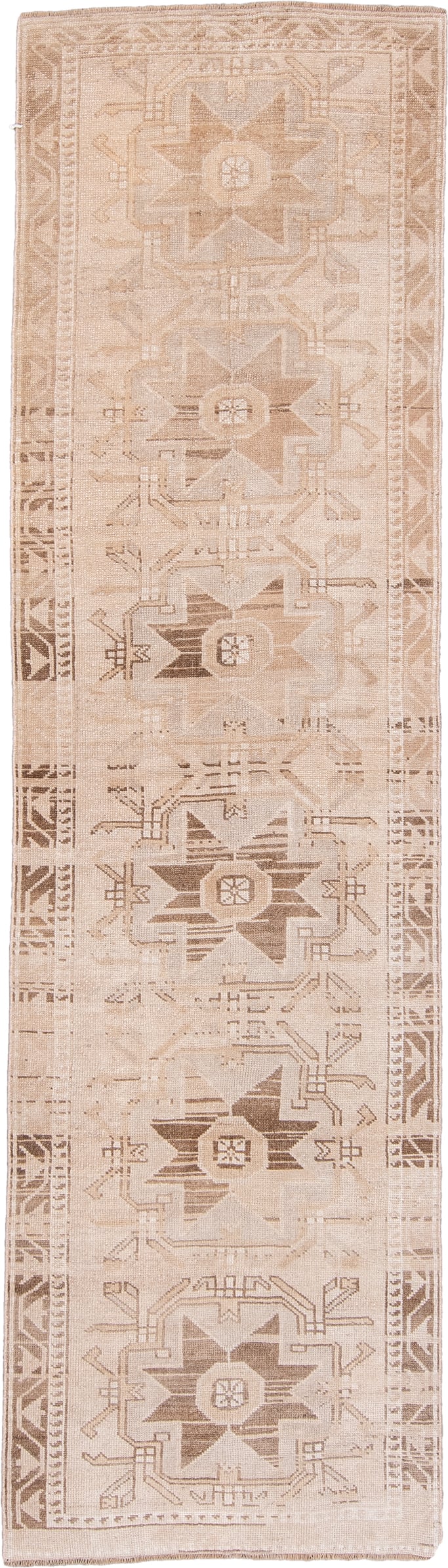 2' x 10' one-of-a-kind handmade antique Anatolian runner rug. Color palette: camel, ivory, taupe, sand, beige, brown, gray