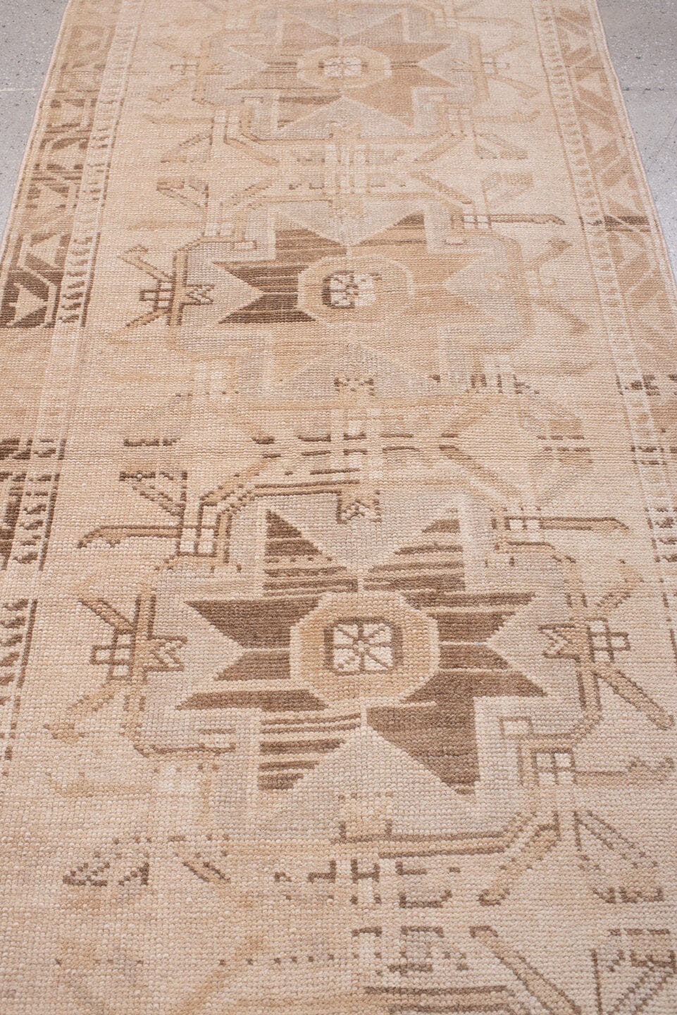 2' x 10' one-of-a-kind handmade antique Anatolian runner rug. Color palette: camel, ivory, taupe, sand, beige, brown, gray