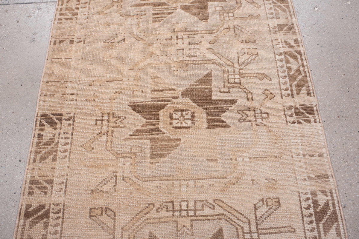2' x 10' one-of-a-kind handmade antique Anatolian runner rug. Color palette: camel, ivory, taupe, sand, beige, brown, gray