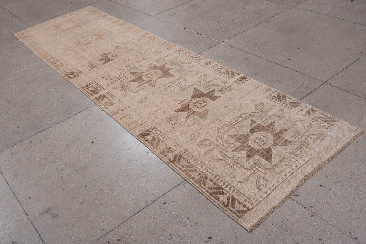 2' x 10' one-of-a-kind handmade antique Anatolian runner rug. Color palette: camel, ivory, taupe, sand, beige, brown, gray