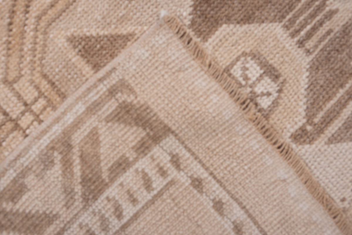 2' x 10' one-of-a-kind handmade antique Anatolian runner rug. Color palette: camel, ivory, taupe, sand, beige, brown, gray