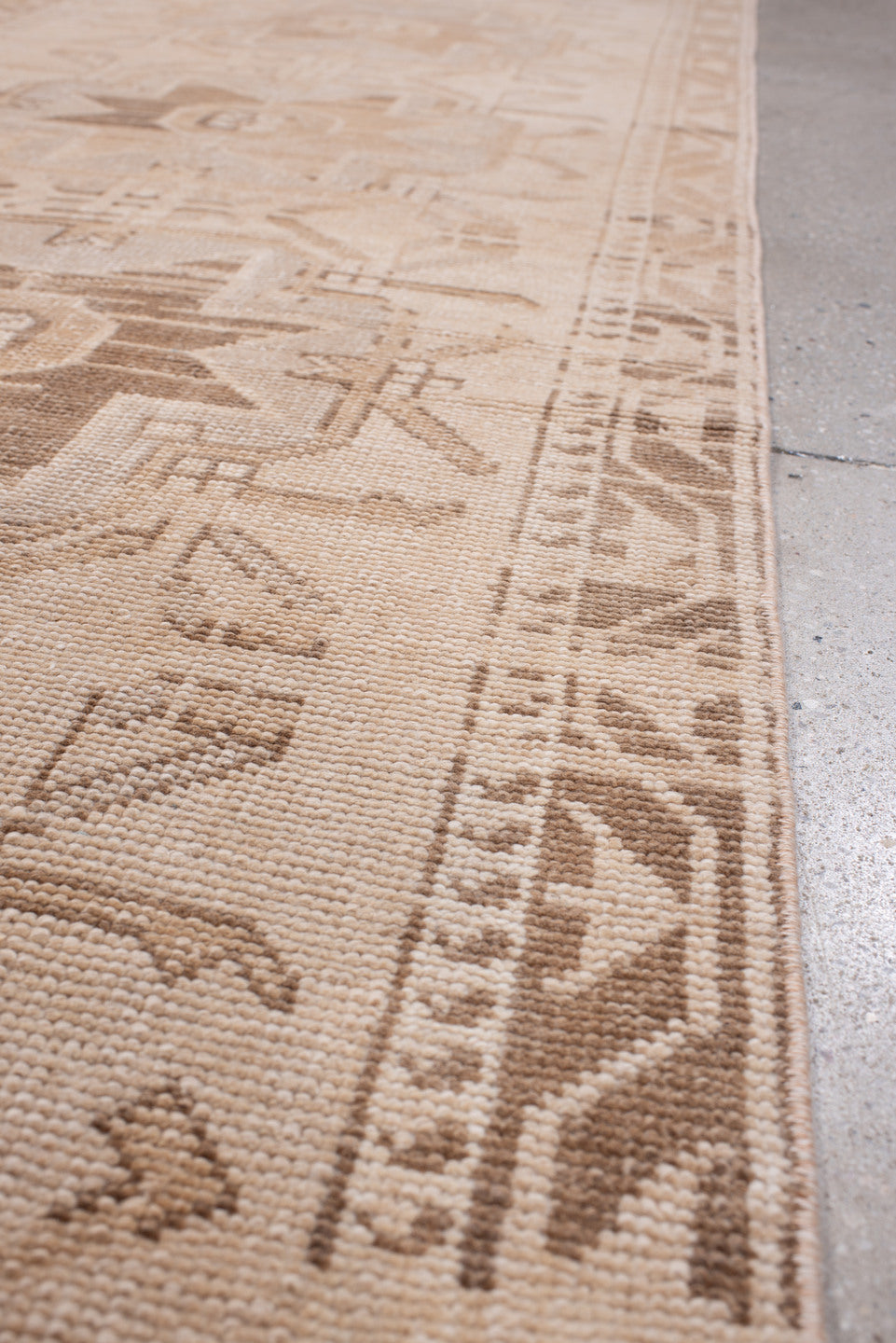 2' x 10' one-of-a-kind handmade antique Anatolian runner rug. Color palette: camel, ivory, taupe, sand, beige, brown, gray