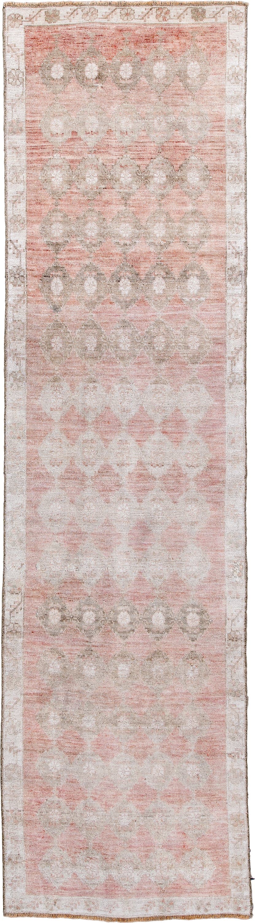 2' x 9' one-of-a-kind handmade antique Anatolian runner rug. Color palette: blush, ivory, taupe, warm gray, sand, rose