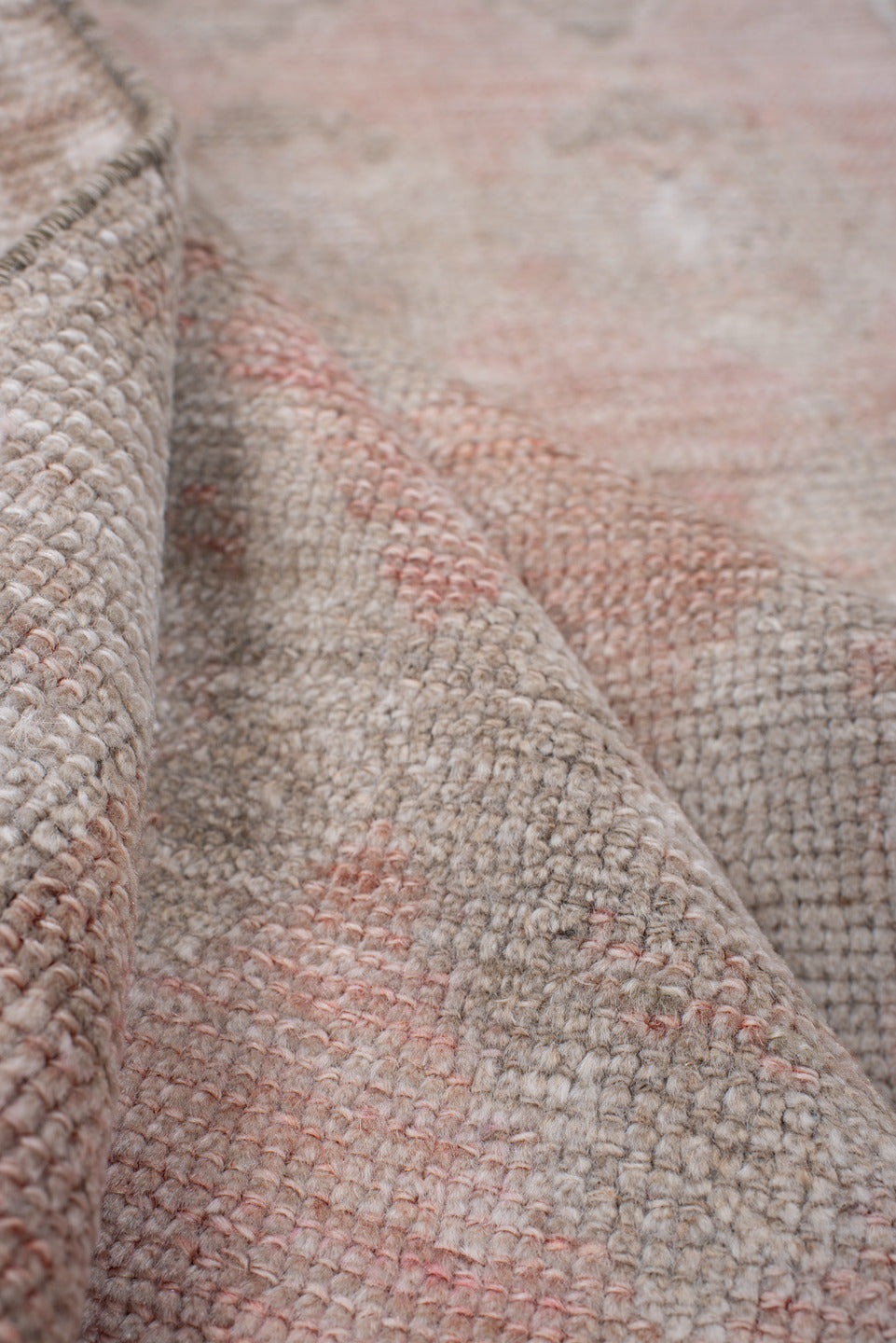 2' x 9' one-of-a-kind handmade antique Anatolian runner rug. Color palette: blush, ivory, taupe, warm gray, sand, rose