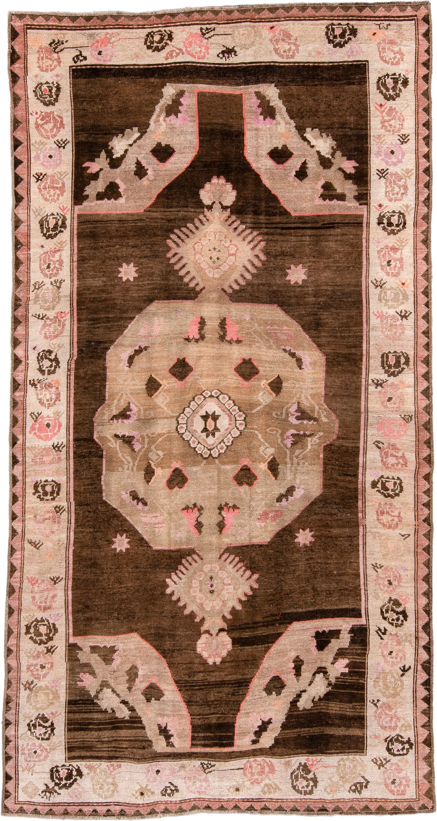 5' x 10' one-of-a-kind handmade antique Kars large size rug. Color palette: dark brown, ivory, dusty rose, taupe, charcoal